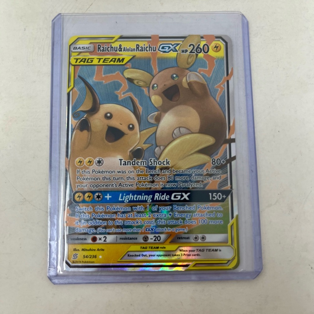 Pokémon TCG Raichu Alolan Raichu Tag Team GX Holo Unified Minds 54/236 near mint